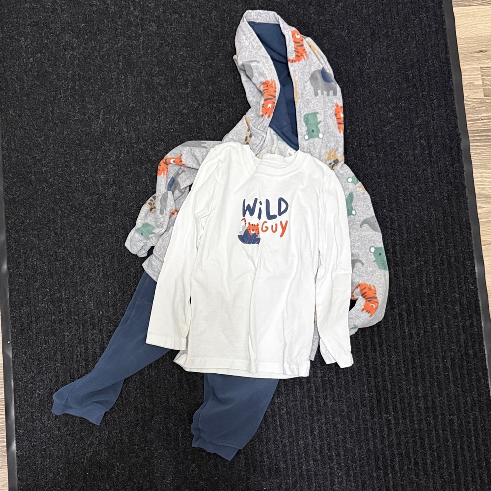 Carter's Gray Fleece Hoodie with Navy Lining and Orange/Green Animal Prints